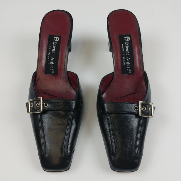 Etienne Aigner Mule Heels Size 5.5 Black Leather - Picture 3 of 7